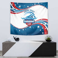 Rectangular swimming wall tapestry with swimmer artwork, YOUR TEXT, SWIMMING, and stars
