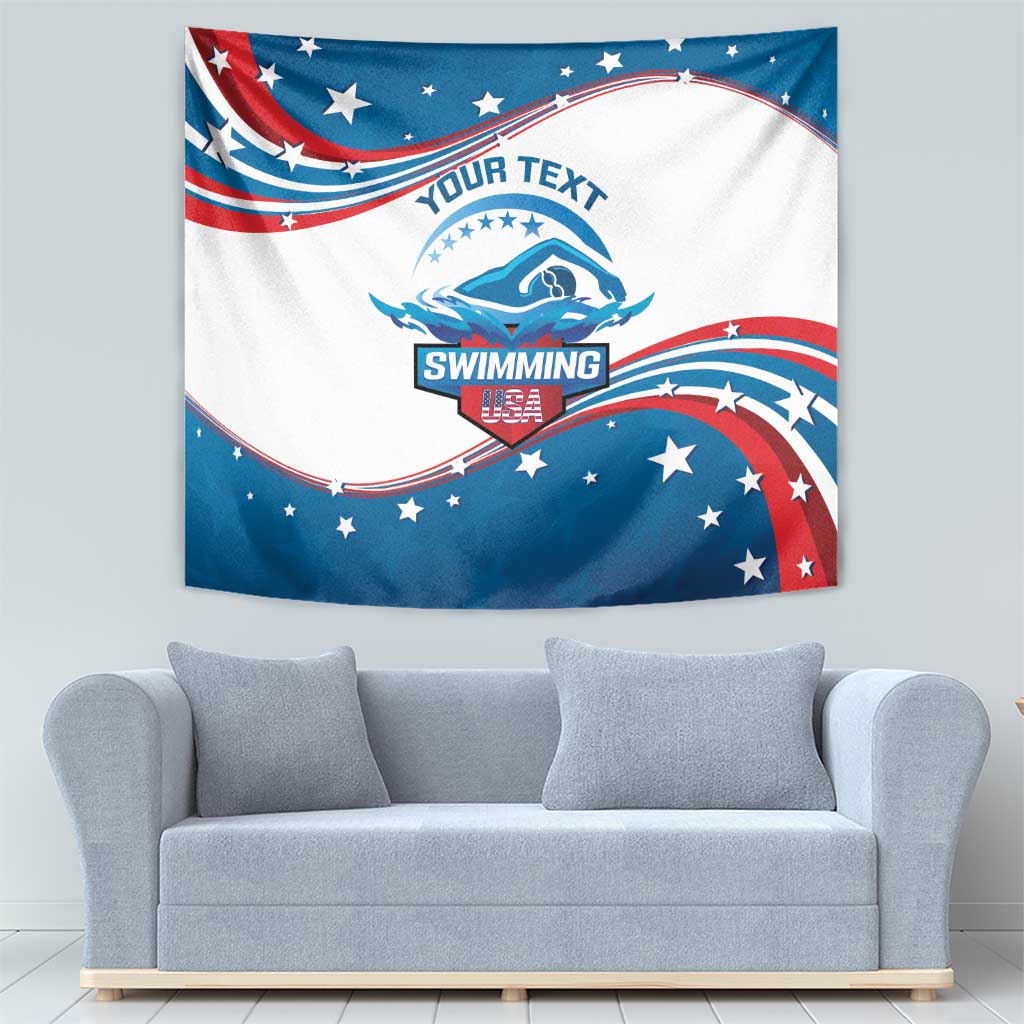 Swimming wall tapestry featuring swimmer icon, YOUR TEXT, and SWIMMING on blue waves
