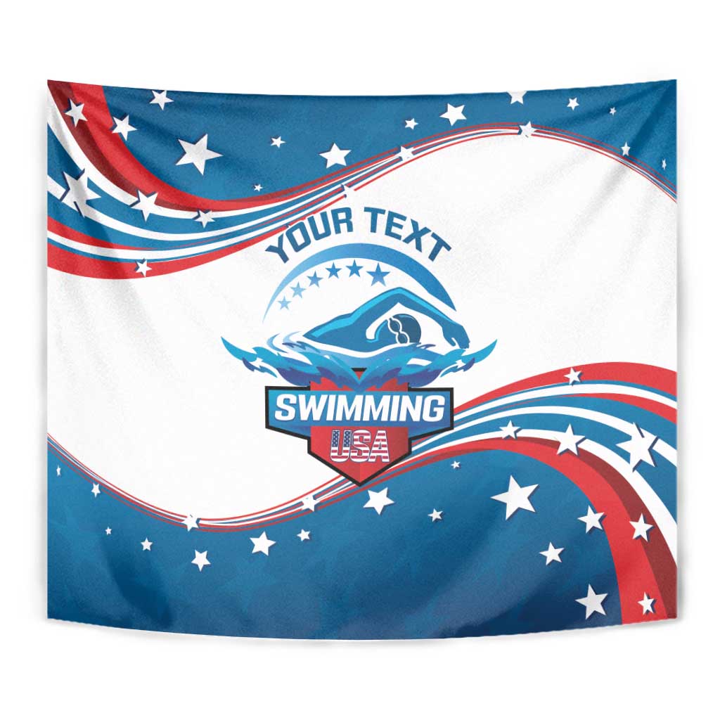 Rectangular USA swimming tapestry with swimmer graphic, YOUR TEXT, SWIMMING, and stars