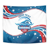 Rectangular USA swimming tapestry with swimmer graphic, YOUR TEXT, SWIMMING, and stars