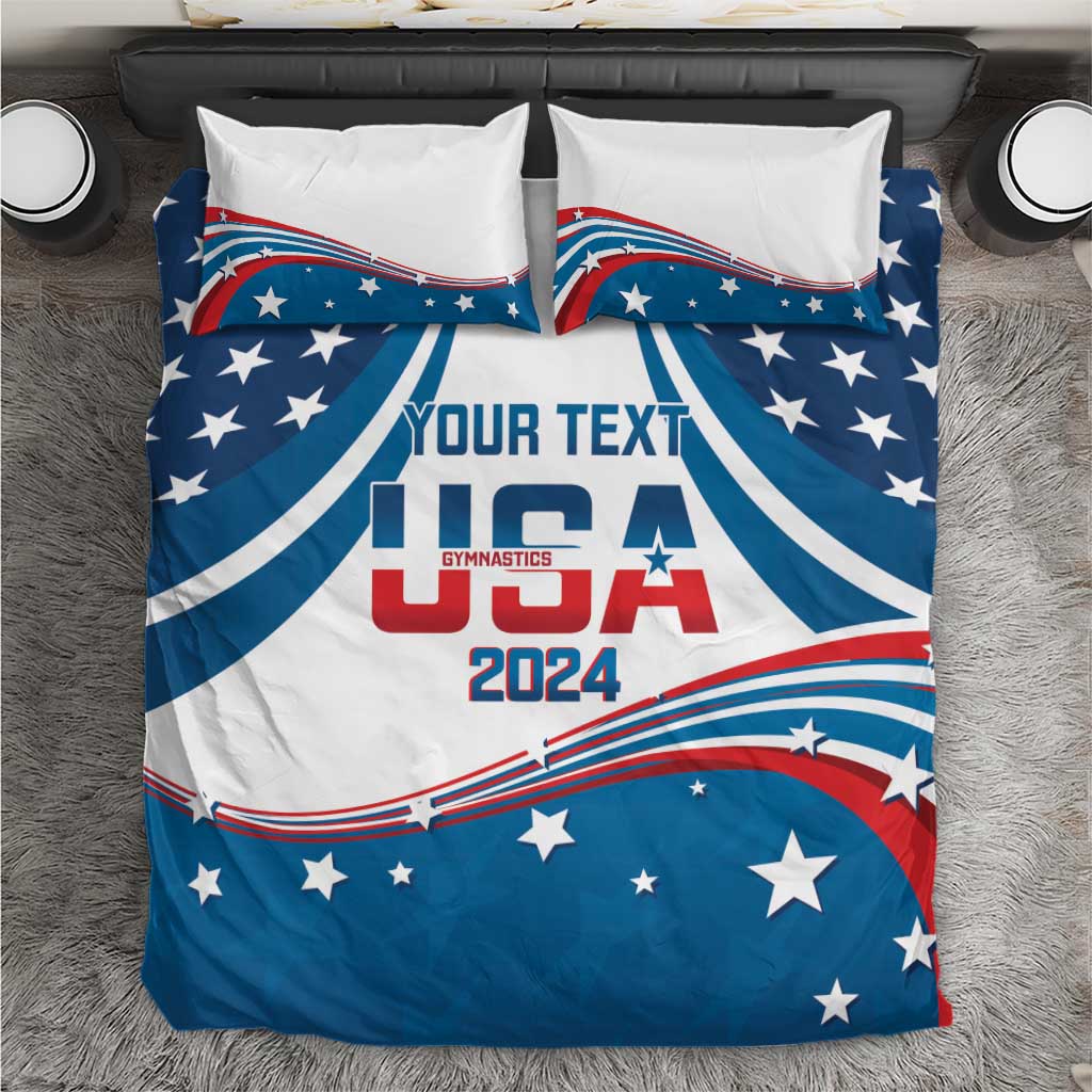 USA gymnastics bedding set with blue, red, and white flag print; two pillowcases, USA 2024