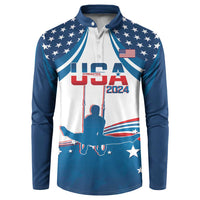 Men's button sweatshirt, blue/white with flag patch detail and USA 2024 gymnastics print.