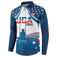 Men's button sweatshirt, blue/white USA stars, red-white stripes and USA 2024 graphic.
