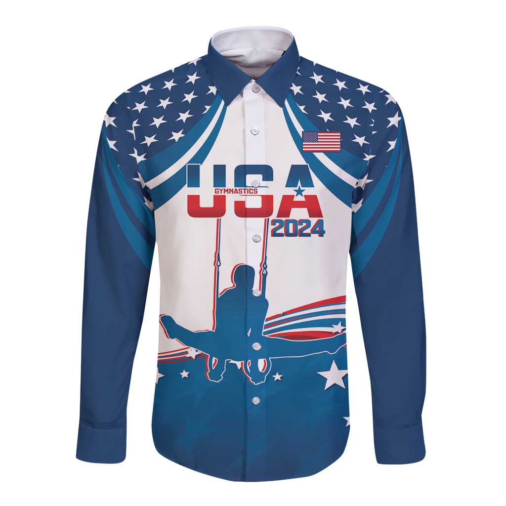 Long-sleeve button shirt with USA flag print and gymnast graphic on front