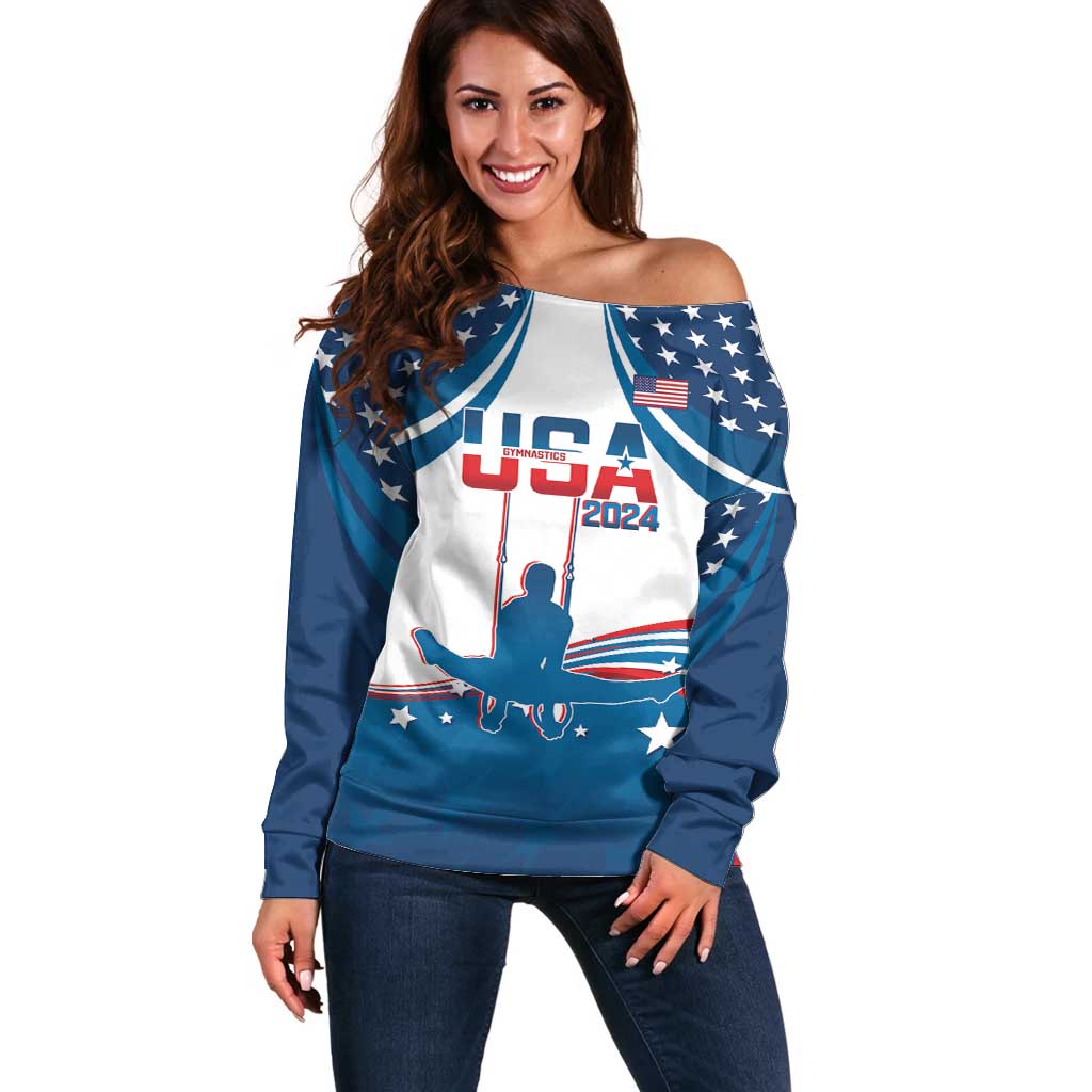 Personalized USA Gymnastics Off Shoulder Sweater 2024 United States Flag Curve Style - Wonder Print Shop