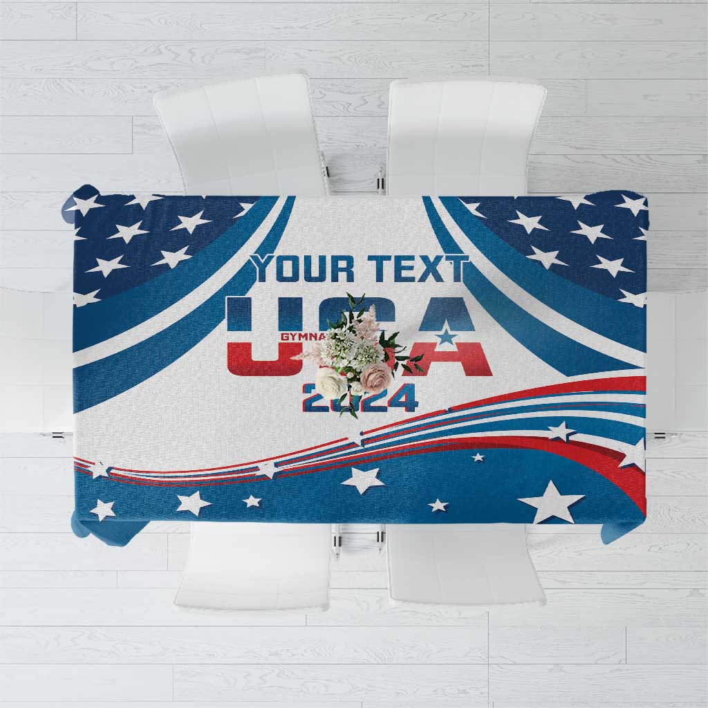 Personalized USA gymnastics tablecloth with 'YOUR TEXT' and 2024 on blue curved flag design