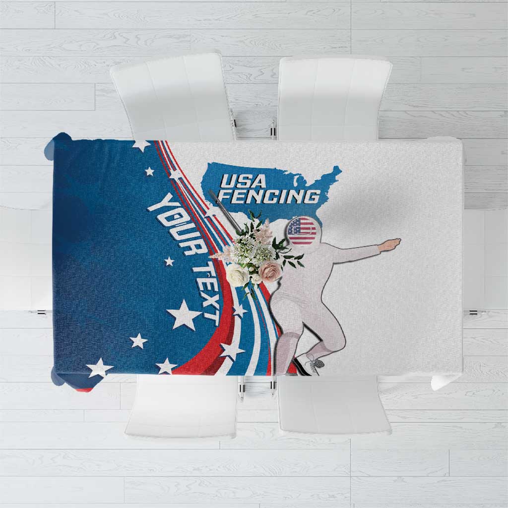 USA FENCING tablecloth with athlete graphic and flag-themed design, top view