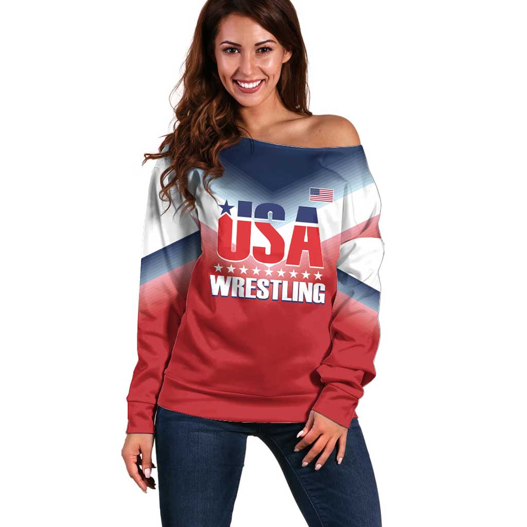 Custom USA Wrestling Off Shoulder Sweater 2024 Sporty Style - Wonder Print Shop