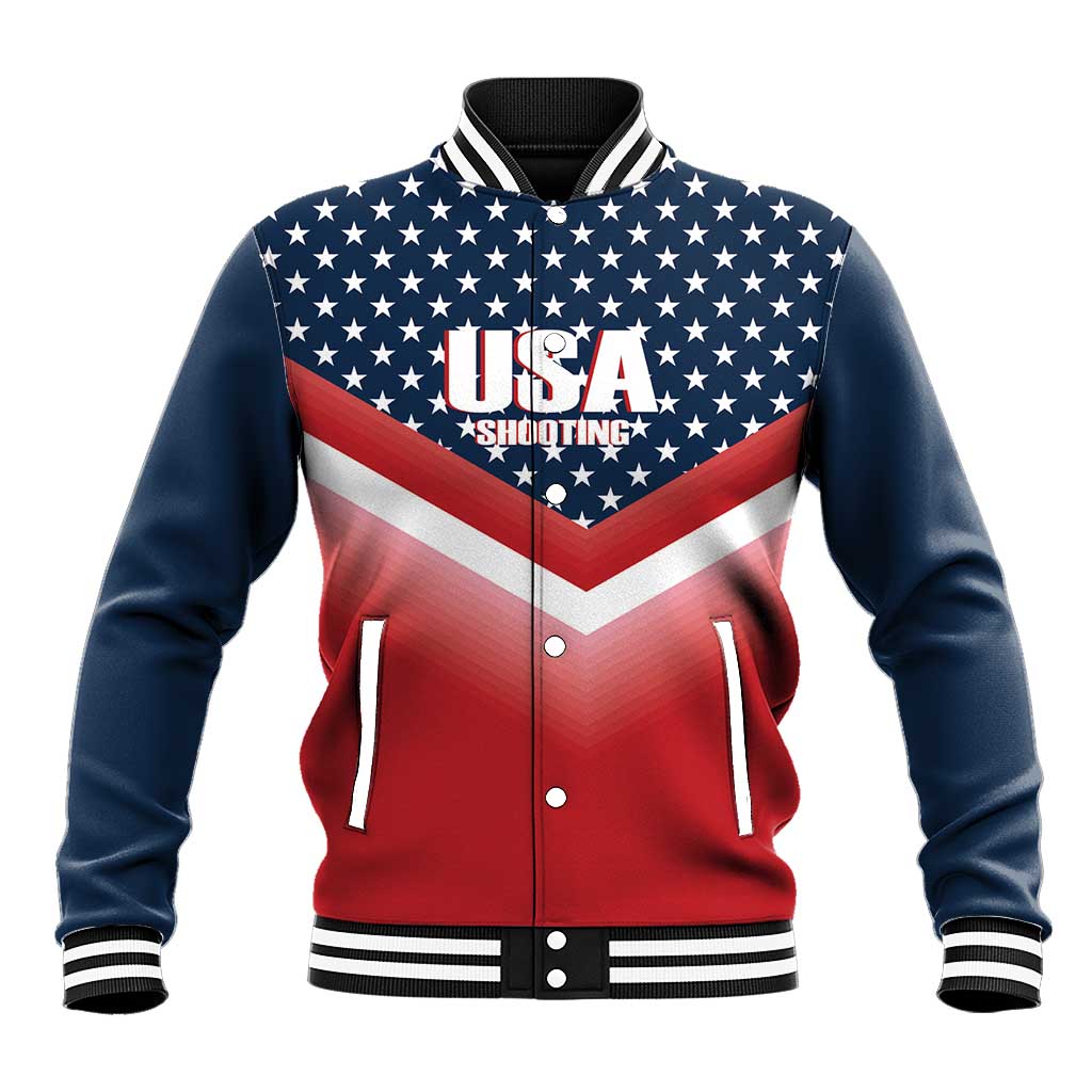 Red and navy USA Shooting varsity baseball jacket with star chevron design, snap front.