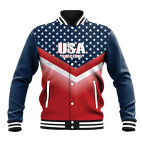 Red and navy USA Shooting varsity baseball jacket with star chevron design, snap front.