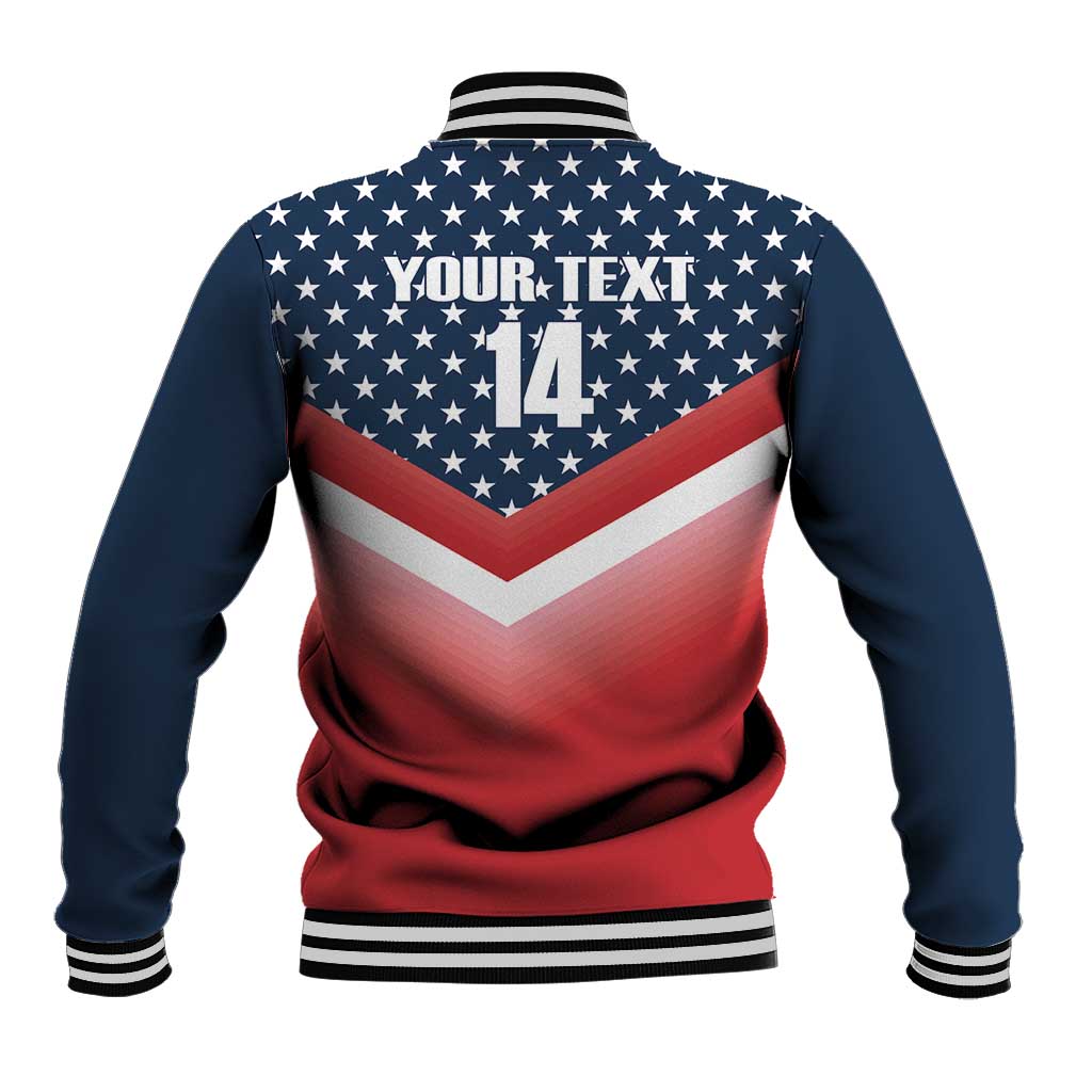 Navy and red baseball jacket with star chevron back graphic, 'YOUR TEXT' and 14.
