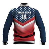 Navy and red baseball jacket with star chevron back graphic, 'YOUR TEXT' and 14.