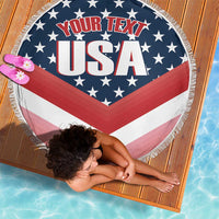 Custom USA beach blanket with navy stars, red-and-white stripes, round fringe edge
