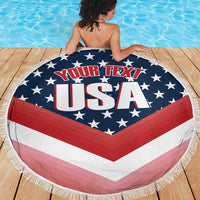 Round Custom USA beach blanket with navy star field and red-white chevron stripes, fringe