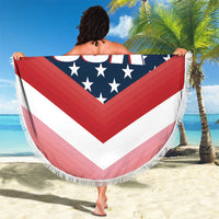Custom USA beach blanket, round with navy stars and red-white stripes, fringe border