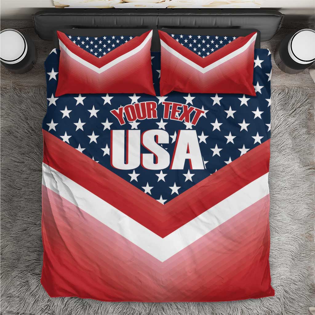 Red, white and blue USA patriotic bedding set with chevron stars and 2 pillowcases