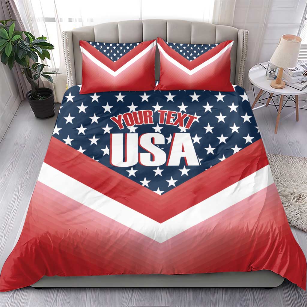 Red, white and blue USA bedding set featuring chevron stars and 2 matching pillowcases