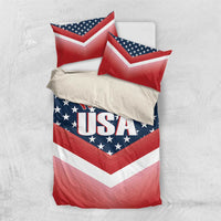USA patriotic bedding set in red, white and blue with chevron stars and pillowcases
