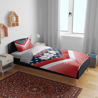 Red, white and blue USA bedding set with chevron star graphic and 2 pillowcases