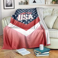 Custom USA shooting blanket on bed with navy stars, “YOUR TEXT USA,” and red white stripes