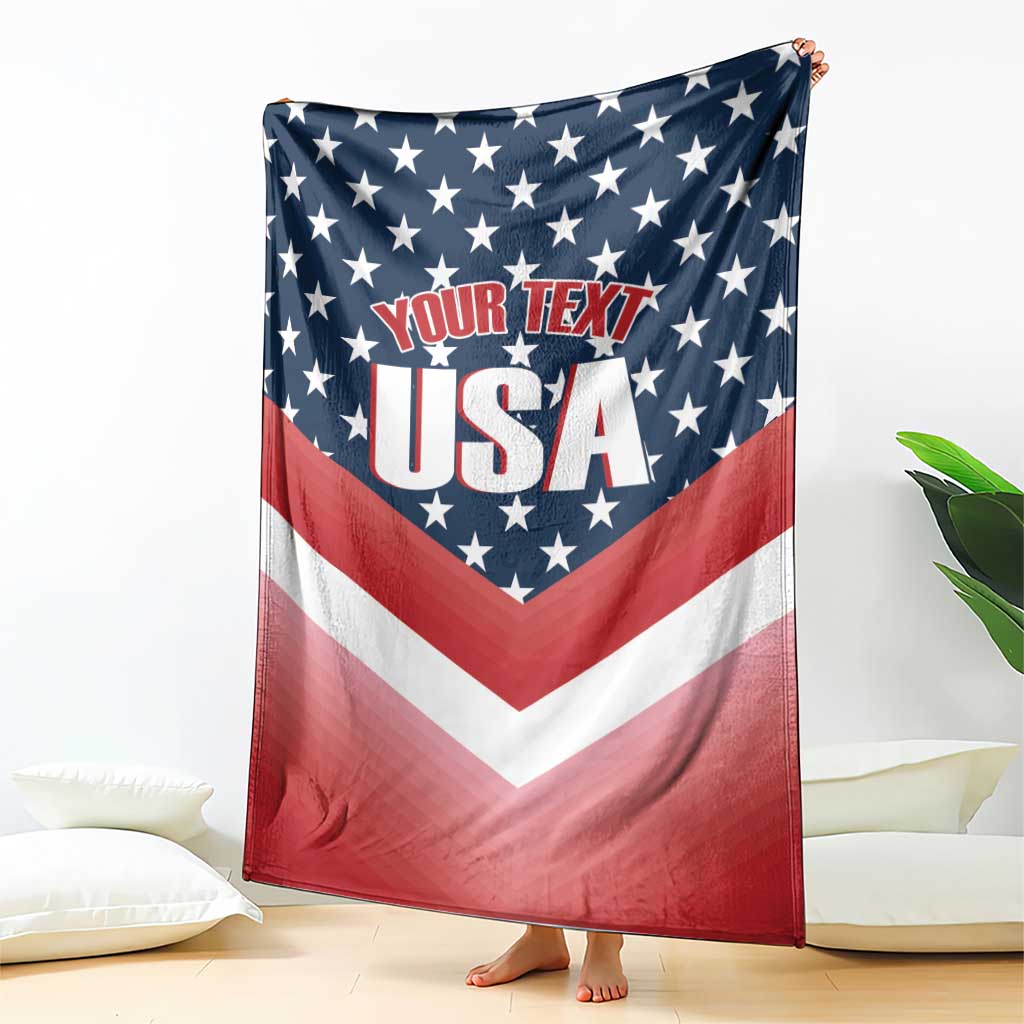 Custom USA shooting blanket featuring navy stars, “YOUR TEXT USA” text, and red stripes