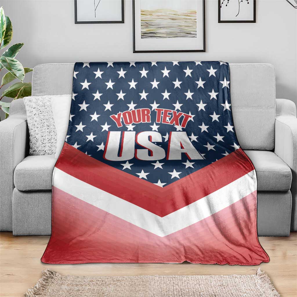Custom USA shooting blanket with navy stars, red white stripes, and “YOUR TEXT USA” graphic