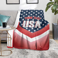 Custom USA shooting blanket with “YOUR TEXT USA” logo on navy stars and red white chevrons