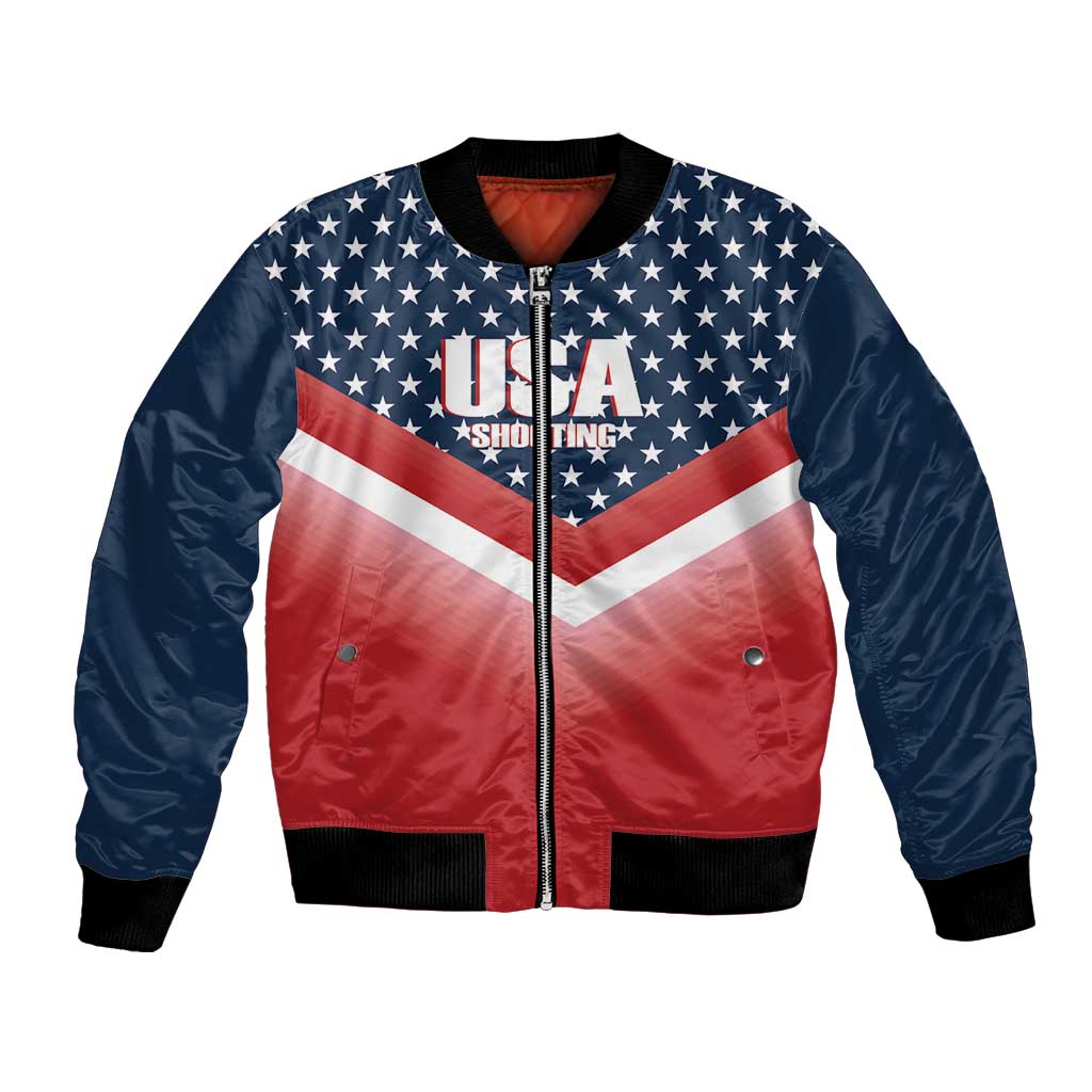 Navy and red bomber jacket with front zipper, star-spangled badge and 'USA Shooting' text