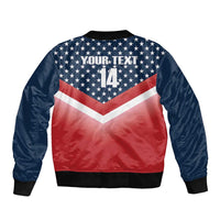 Navy and red bomber jacket with star-spangled front panel and '14' graphic