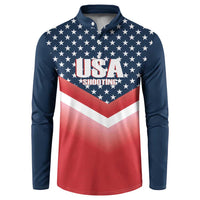 Navy button-front long-sleeve sweatshirt with star-spangled USA Shooting chest graphic