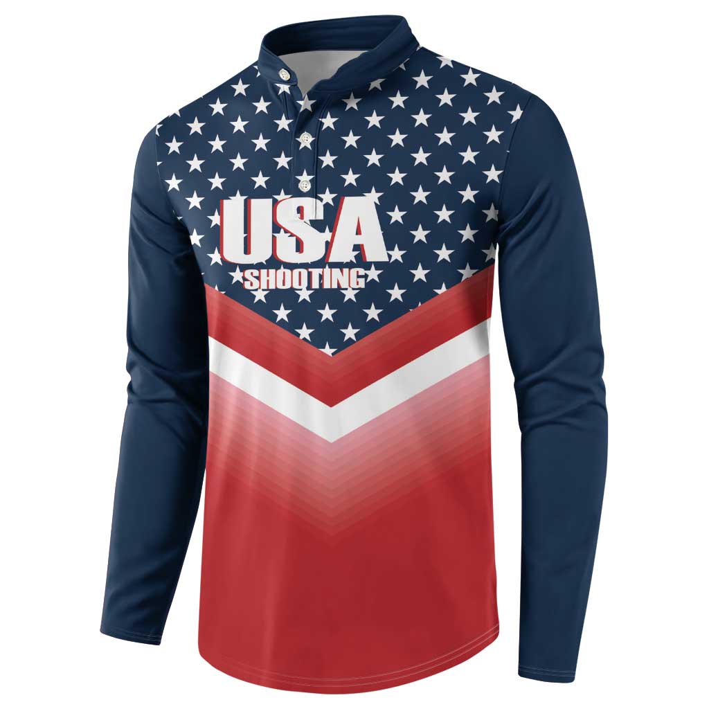 Navy button-front sweatshirt with USA Shooting logo and red-white chevron flag graphic