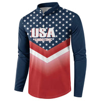 Navy button-front sweatshirt with USA Shooting logo and red-white chevron flag graphic
