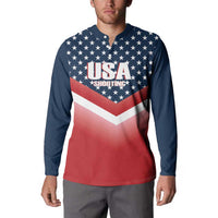 Navy button-front sweatshirt with USA Shooting chest logo and stars-and-stripes chevron