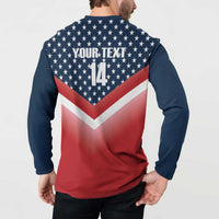 Navy back graphic sweatshirt with Your Text and number 14 over stars-and-stripes chevron