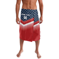 Patriotic wrap skirt in red and blue with stars and chevron stripe design, front slit