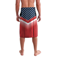 Patriotic wrap skirt in red and blue with stars and chevron stripe design, side drape