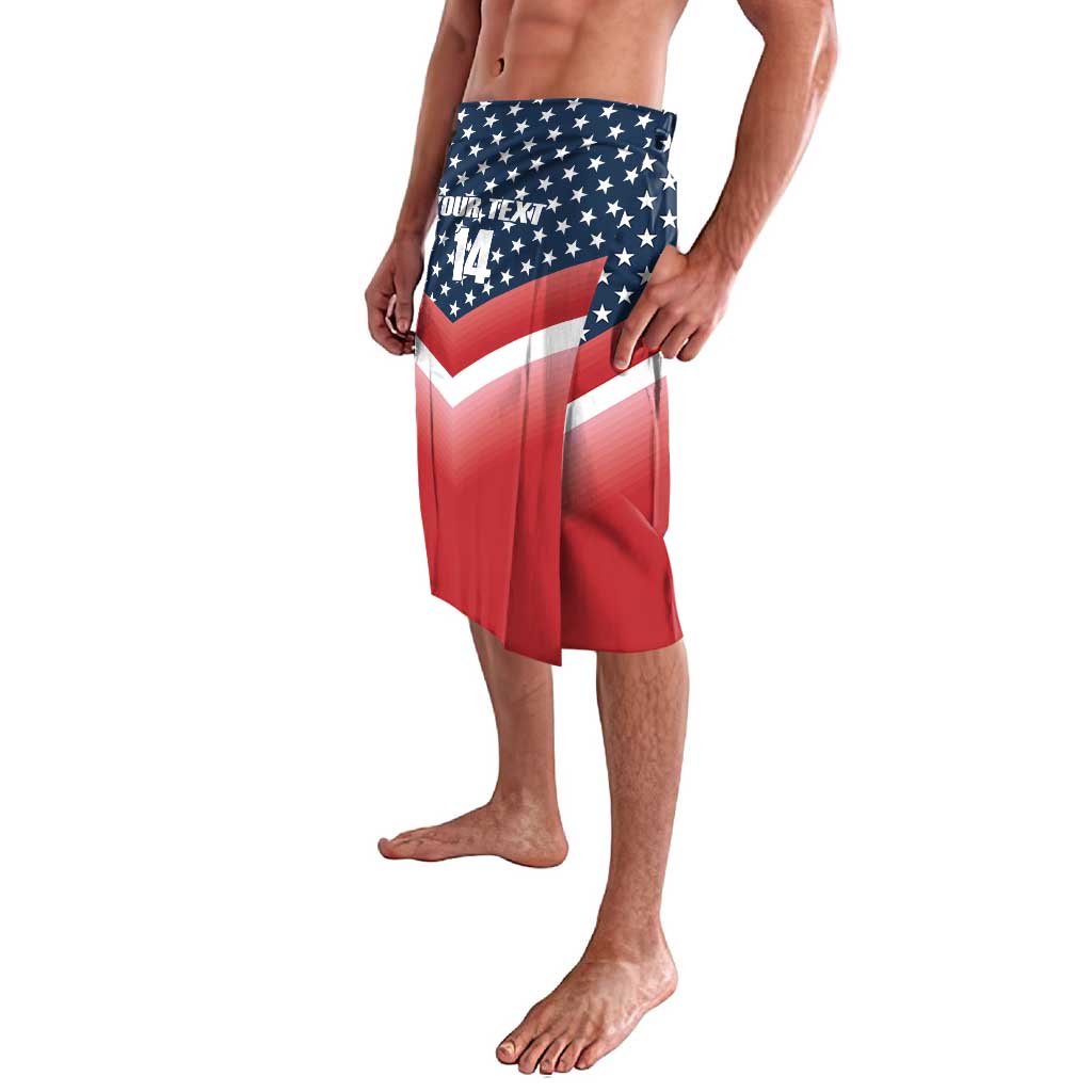 Patriotic wrap skirt in red and blue with stars and chevron stripes, draped front