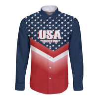Navy long-sleeve button shirt with star pattern, red USA Shooting graphic, front collar