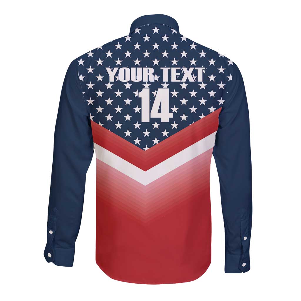 Navy long-sleeve button shirt, back stars with Your Text 14, red chevron and cuffs