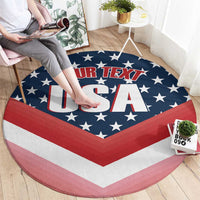 Round USA patriotic carpet with blue star field, red white chevron border, bold text