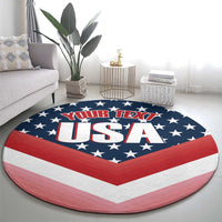 Round USA patriotic carpet with stars and red white chevron, center “USA” graphic