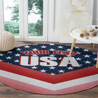 Round USA patriotic carpet with star pattern and red white chevron, “YOUR TEX…” text
