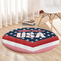 Round USA patriotic carpet on floor, blue stars with red white chevron and “USA”