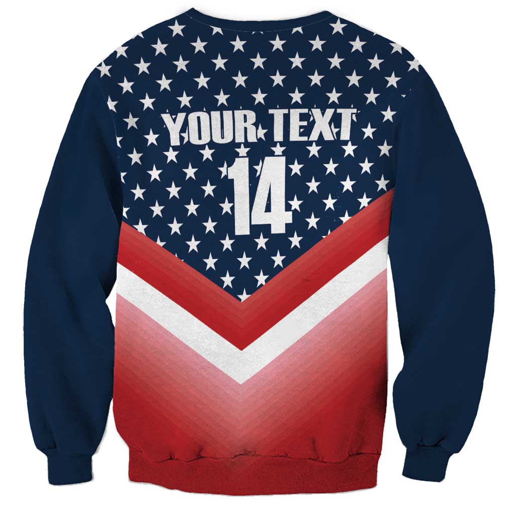 Unisex navy sweatshirt with stars, red chevron, YOUR TEXT and 14 graphic on back