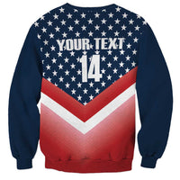 Unisex navy sweatshirt with stars, red chevron, YOUR TEXT and 14 graphic on back