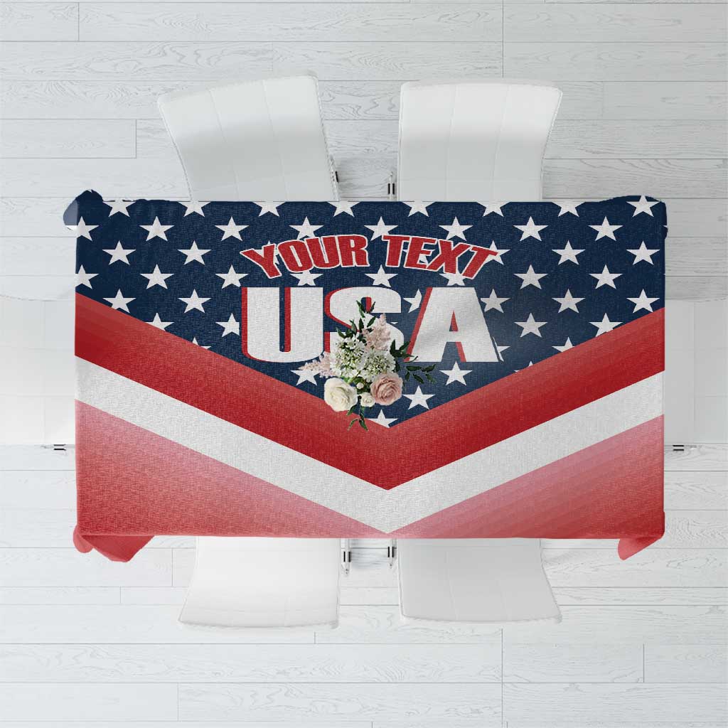 Red, white, and blue tablecloth with U.S.A. text and star-spangled banner graphic