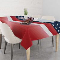 Red tablecloth with U.S. flag stars and stripes pattern across the tabletop