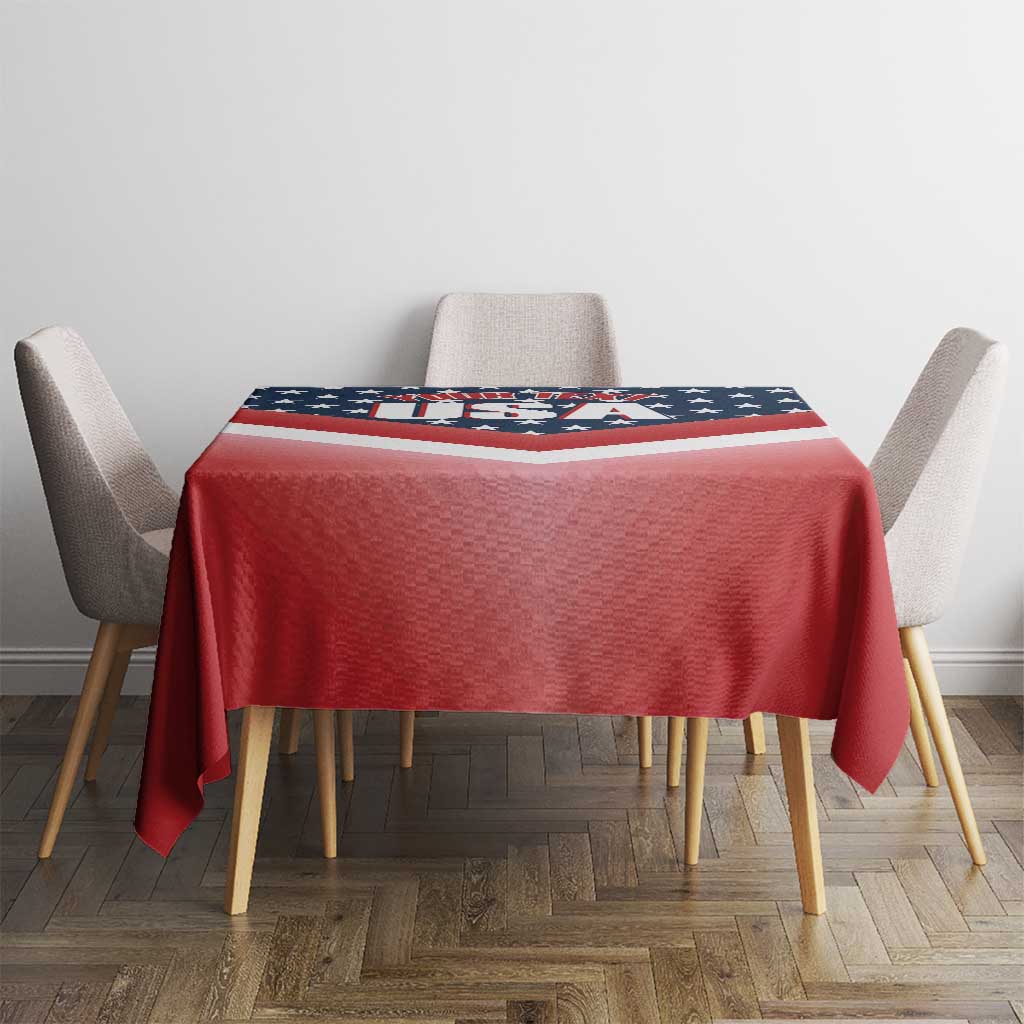 Red tablecloth with U.S. flag design stripe across the center on a square table