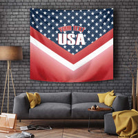 Rectangular USA tapestry wall hanging with red, white, blue stars and chevron, YOUR TEXT USA