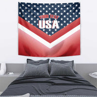 Square USA flag-style tapestry with red/white/blue chevron rays and YOUR TEXT USA text
